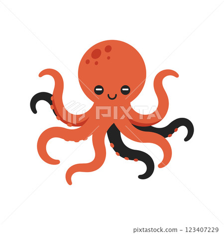 Cute orange octopus with smiling face and colorful tentacles in a flat vector illustration Cute orange octopus with smiling face and colorful tentacles in a flat vector illustration 123407229