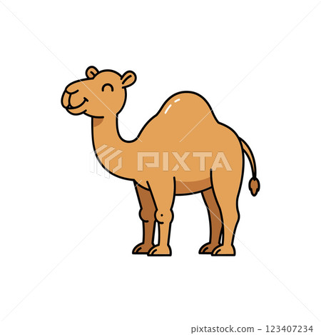 Happy camel standing in a cheerful pose, flat design, showcasing playful features, vector illustration 123407234