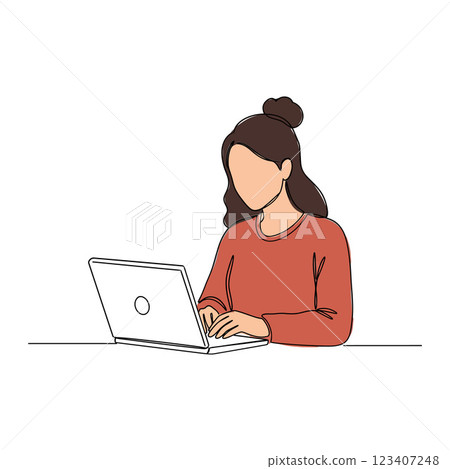 Woman in a red sweater working on a laptop in a minimal flat vector illustration 123407248