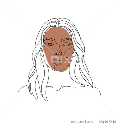 Minimalist line art portrait of a woman with flowing hair and abstract skin tones vector illustration 123407249