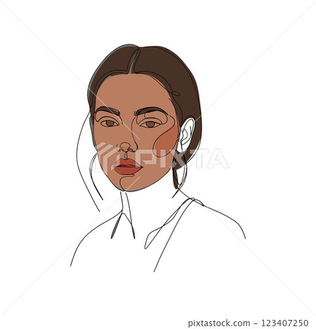 Minimalist portrait illustration of a woman with elegant features and soft colors in flat vector art 123407250
