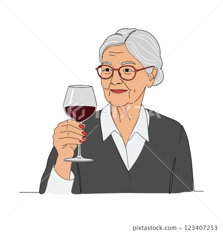 Elderly woman with glasses enjoying a glass of red wine in a minimal vector illustration 123407253