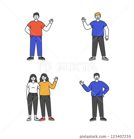 Four cheerful individuals in casual attire waving hello in minimal flat vector illustration 123407259