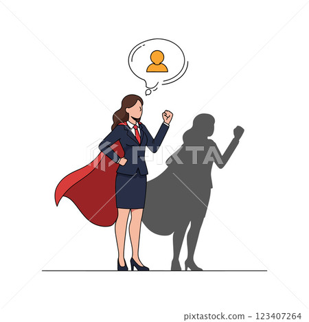 Confident businesswoman in a superhero cape striking a powerful pose in flat vector art Confident businesswoman in a superhero cape striking a powerful pose in flat vector art 123407264