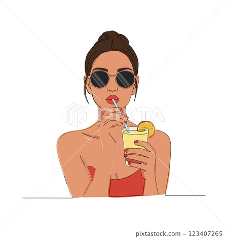 A woman enjoying a refreshing cocktail in sunglasses, minimal vector illustration of summer relaxation 123407265