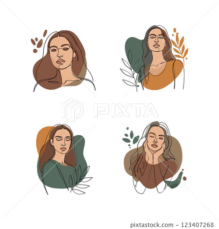 Four portraits of women with different hairstyles in a minimal flat vector illustration style showcasing natural beauty and serene expressions in soft colors vector art 123407268