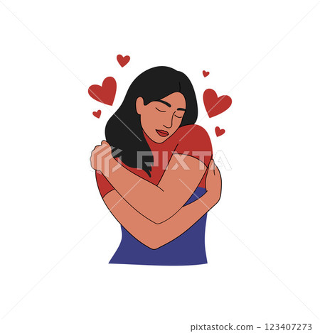 A woman embracing herself in a joyful expression with red hearts, flat vector illustration A woman embracing herself in a joyful expression with red hearts, flat vector illustration 123407273