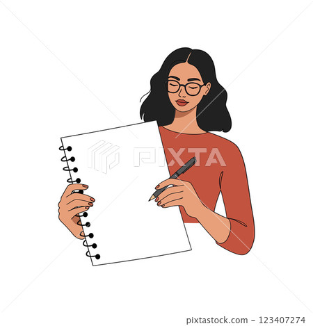 A woman holding a blank notepad with a pen, minimal style, engaged in creative thinking, vector art A woman holding a blank notepad with a pen, minimal style, engaged in creative thinking, vector art 123407274