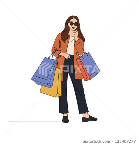 Woman carrying colorful shopping bags in a stylish outfit, minimal vector illustration 123407277