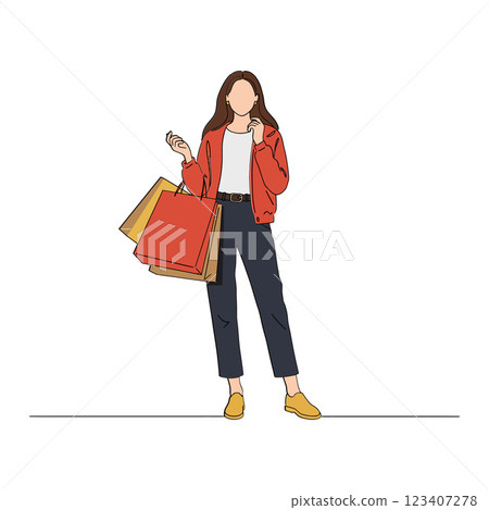 Woman in casual attire holding shopping bags, smiling cheerfully, minimal vector illustration 123407278