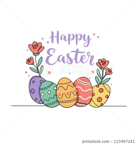 Colorful Easter eggs with flowers and cheerful text in a minimal flat vector illustration 123407281
