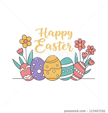 Colorful decorated Easter eggs with flowers in a cheerful flat vector illustration 123407282