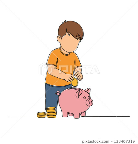 Young boy in orange shirt depositing coins into a pink piggy bank in minimal vector art 123407319