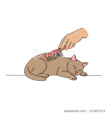 A person gently brushing a relaxed brown cat with a pink comb in a flat vector illustration 123407321