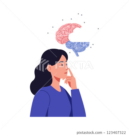 Woman in blue shirt contemplating with pink and blue brain illustration in minimal vector art 123407322