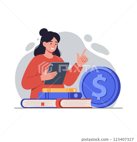 A woman holding a tablet and pointing while surrounded by books and a blue coin in flat vector art A woman holding a tablet and pointing while surrounded by books and a blue coin in flat vector art 123407327