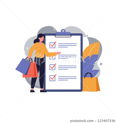 Woman holding shopping bags while checking items on a clipboard in flat vector illustration 123407336