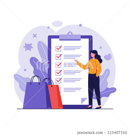 Woman checking off items on a clipboard beside colorful shopping bags in flat vector art Woman checking off items on a clipboard beside colorful shopping bags in flat vector art 123407338