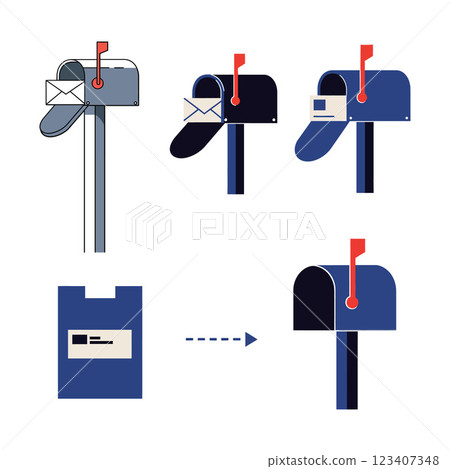 Mailbox design featuring multiple views in flat vector art style showcasing mail delivery process with outgoing messages 123407348