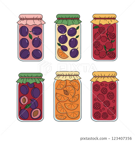 Colorful jars filled with assorted fruits and preserves in a flat vector illustration 123407356
