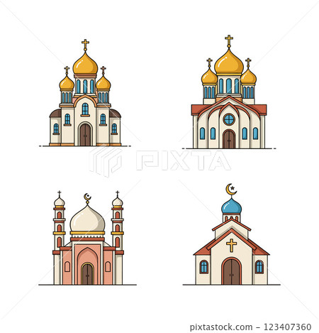 Four distinct religious buildings illustrated in a flat design style as colorful vector art 123407360