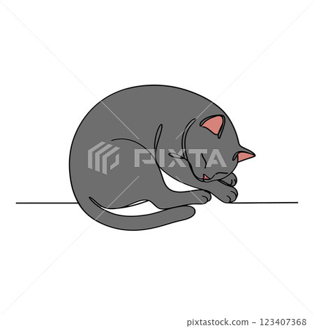 Grey cat curled up peacefully, showcasing minimal design style, capturing tranquility in vector art Grey cat curled up peacefully, showcasing minimal design style, capturing tranquility in vector art 123407368