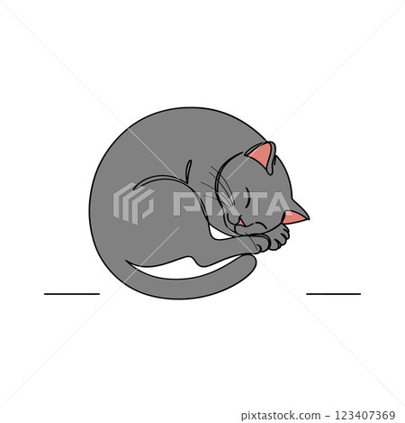 Gray cat curled up in a cozy position, showcasing a minimal design style in vector art Gray cat curled up in a cozy position, showcasing a minimal design style in vector art 123407369