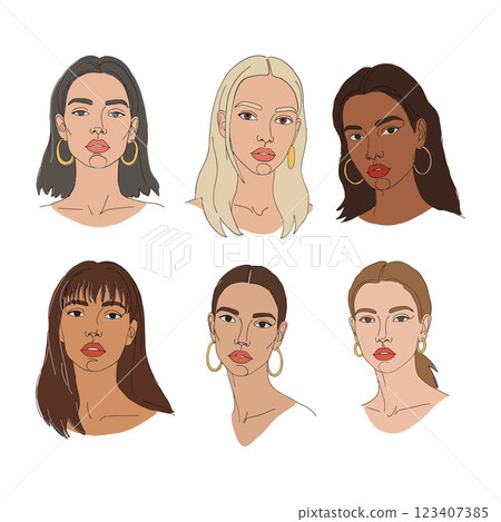 Six diverse women with distinct hairstyles and expressions in a minimalistic vector illustration showcasing beauty and individuality 123407385