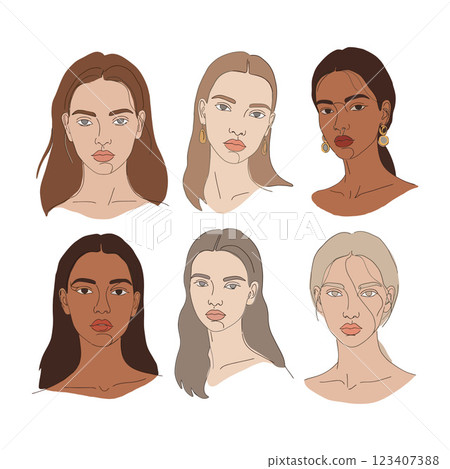 Diverse collection of six unique female portraits in a minimal flat design style showcasing varied skin tones and expressions in vector art 123407388