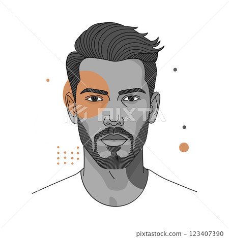 Male portrait with stylish hair featuring minimalistic lines and geometric shapes in muted tones, showcasing modern vector art 123407390
