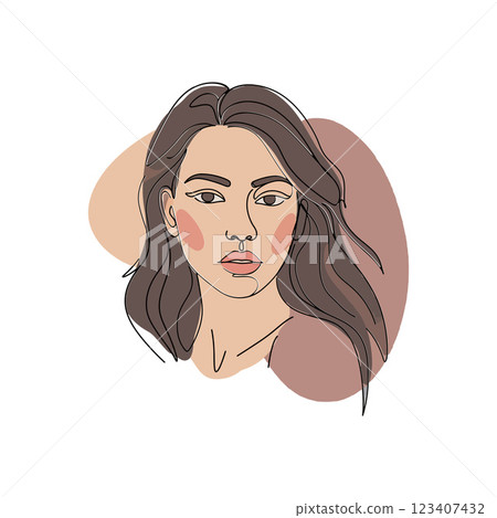 Minimalist portrait of a woman with flowing hair and subtle blush in a flat vector art style Minimalist portrait of a woman with flowing hair and subtle blush in a flat vector art style 123407432