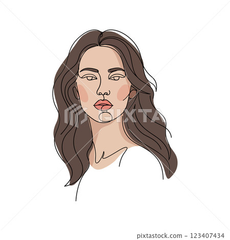 Stylish young woman with flowing hair in minimal line art design showcasing beauty and confidence in vector illustration Stylish young woman with flowing hair in minimal line art design showcasing beauty and confidence in vector illustration 123407434