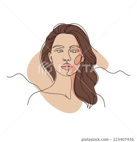 Minimalist line drawing of a woman with flowing hair in soft earth tones, showcasing elegance and serenity, vector illustration 123407436