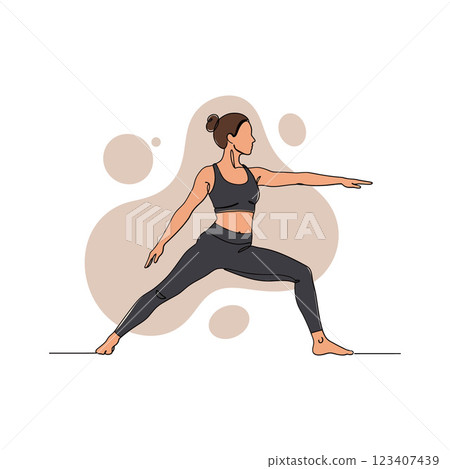 A woman practicing yoga in a warrior pose with minimalistic design elements and soft color palette in vector illustration A woman practicing yoga in a warrior pose with minimalistic design elements and soft color palette in vector illustration 123407439