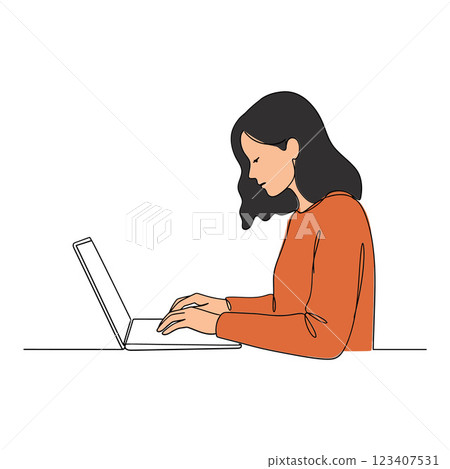 A focused woman typing on a laptop while wearing an orange sweater in a minimalistic workspace vector art A focused woman typing on a laptop while wearing an orange sweater in a minimalistic workspace vector art 123407531