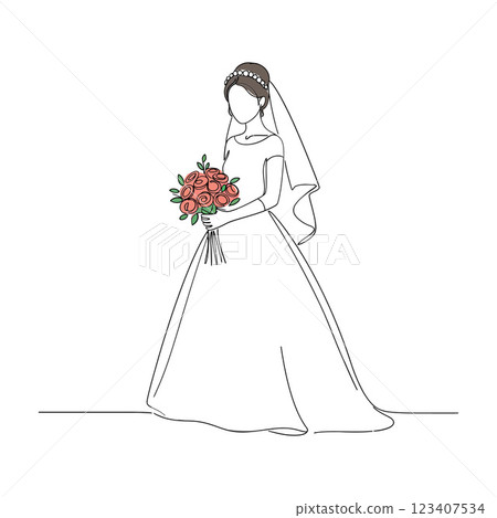 Elegant bride in a flowing white gown holding a bouquet of roses in a minimal flat design vector illustration Elegant bride in a flowing white gown holding a bouquet of roses in a minimal flat design vector illustration 123407534