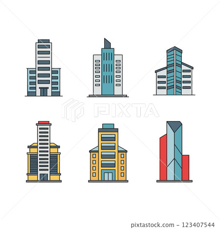 Modern city skyline featuring six distinct buildings in a minimal style with vibrant colors and geometric shapes, vector illustration Modern city skyline featuring six distinct buildings in a minimal style with vibrant colors and geometric shapes, vector illustration 123407544