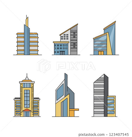 Abstract architectural structures in a minimal flat design showcasing diverse building styles and colors in vector illustration 123407545