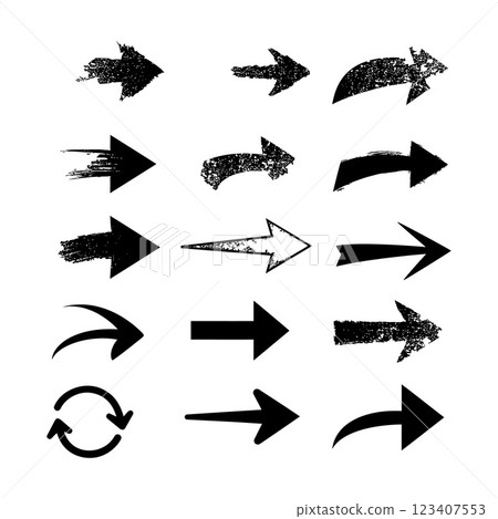 Collection of diverse black arrows in various styles, featuring bold, textured designs in a minimal vector art format 123407553
