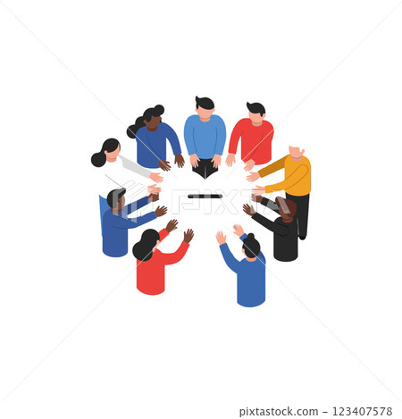 Diverse group of people engaged in discussion around a circular table in flat vector art style, showcasing collaboration and teamwork 123407578