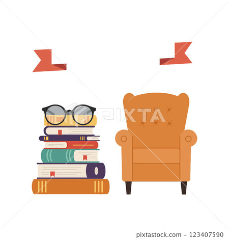Cozy reading nook featuring a stylish orange armchair next to a stack of colorful books with glasses, flat vector illustration 123407590
