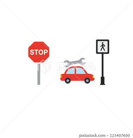 Red stop sign beside a cartoon car with a wrench on top and a pedestrian crossing sign in flat vector illustration Red stop sign beside a cartoon car with a wrench on top and a pedestrian crossing sign in flat vector illustration 123407600
