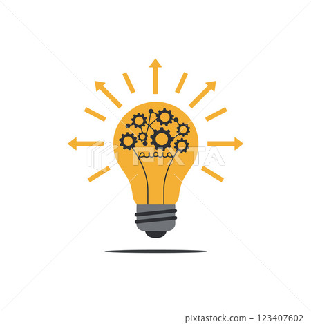 Light bulb symbolizing innovation with gears inside, flat design style, bright colors, and dynamic lines, vector illustration Light bulb symbolizing innovation with gears inside, flat design style, bright colors, and dynamic lines, vector illustration 123407602