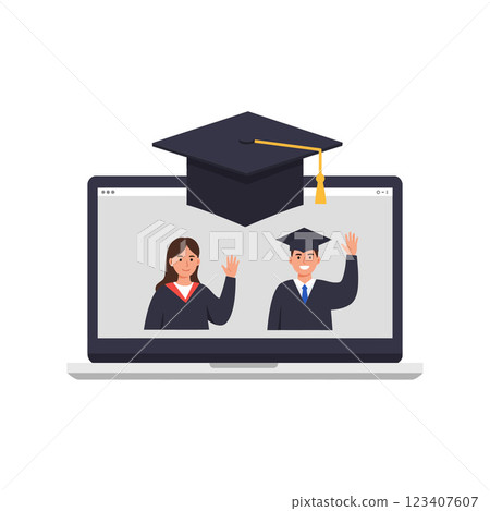 Two graduates in caps celebrating on a laptop screen in a flat and minimal style, showcasing excitement and achievement in vector illustration Two graduates in caps celebrating on a laptop screen in a flat and minimal style, showcasing excitement and achievement in vector illustration 123407607