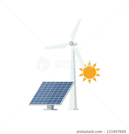 Renewable energy scene featuring a wind turbine and solar panel in a flat design style as vibrant vector art 123407608