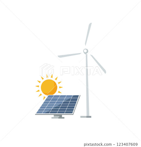 Renewable energy symbols featuring a solar panel and wind turbine in a minimal flat design vector illustration Renewable energy symbols featuring a solar panel and wind turbine in a minimal flat design vector illustration 123407609