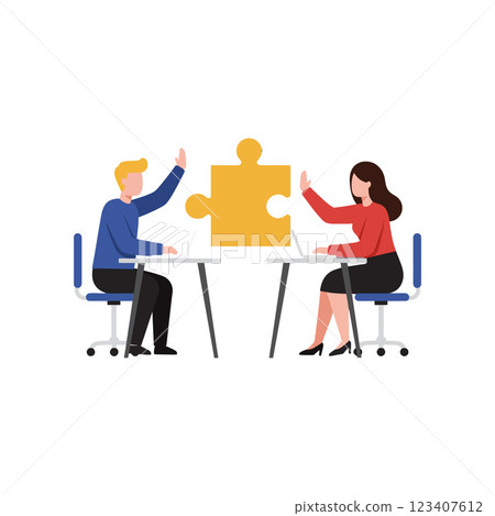 Two colleagues collaborating at a desk while raising hands to connect a large yellow puzzle piece in flat vector art Two colleagues collaborating at a desk while raising hands to connect a large yellow puzzle piece in flat vector art 123407612