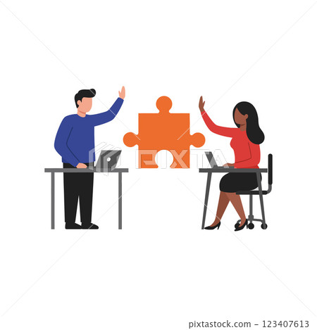 Collaborative business meeting with two professionals discussing ideas at desks featuring laptops and a puzzle piece in flat vector illustration 123407613