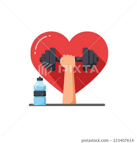 A strong arm lifting a dumbbell beside a water bottle, set against a heart shape in a flat and colorful vector illustration A strong arm lifting a dumbbell beside a water bottle, set against a heart shape in a flat and colorful vector illustration 123407614