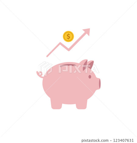 Pink piggy bank with a dollar coin and upward trend arrow in a minimal flat design vector illustration Pink piggy bank with a dollar coin and upward trend arrow in a minimal flat design vector illustration 123407631